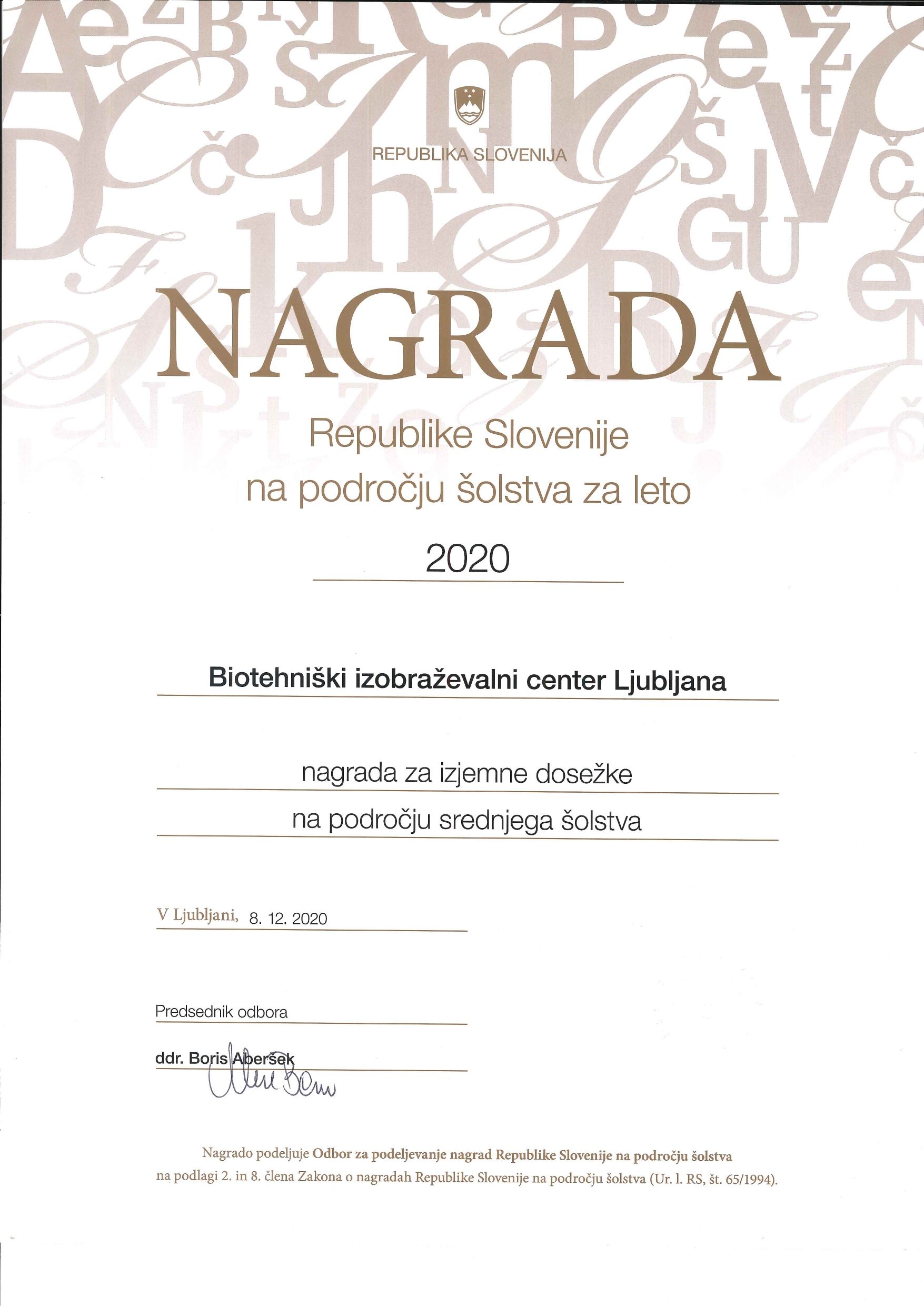 Državna nagrada na področju šolstva BIC Ljubljana 2020